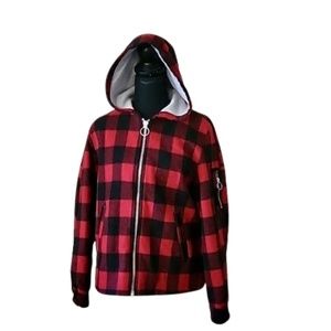 Divided Flannel Zip Up Hoodie Lined Red Plaid Jacket SZ 4
